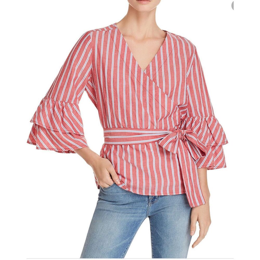 Beach Lunch Lounge Wrap Top Womens size SP Surplice Bell Sleeve Red Striped Boho